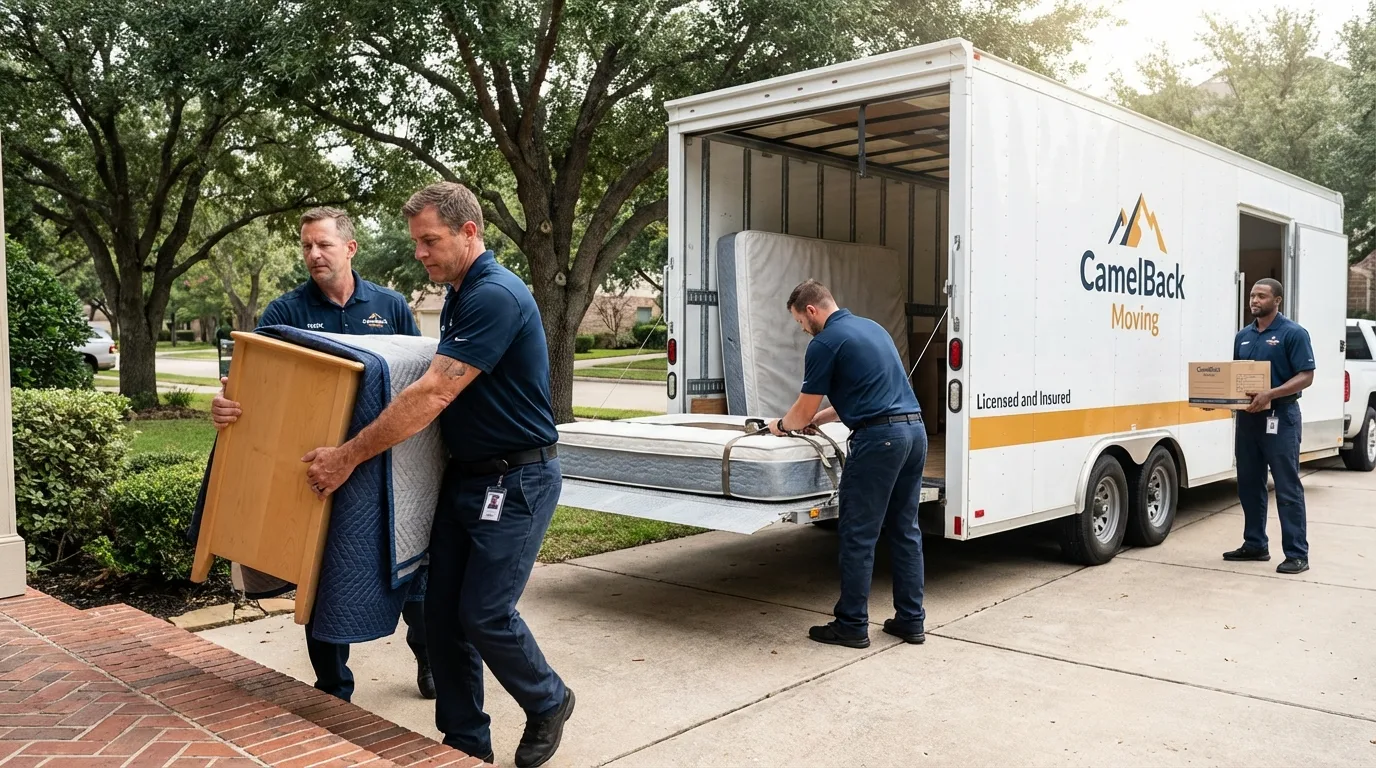 Crew loading residential truck for cross-state move from California City, CA