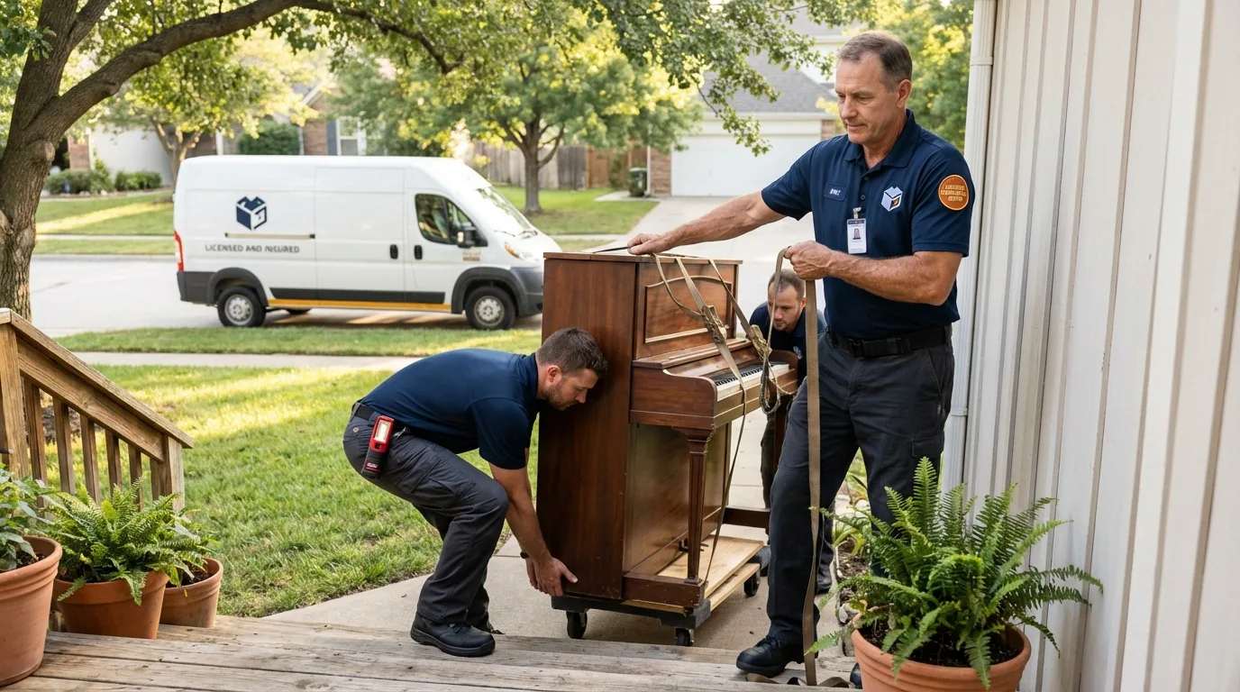 Licensed piano movers securing grand piano in California City, CA