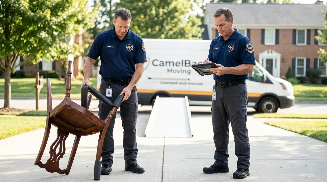 Movers inspecting furniture for damage prevention before loading in California City, CA
