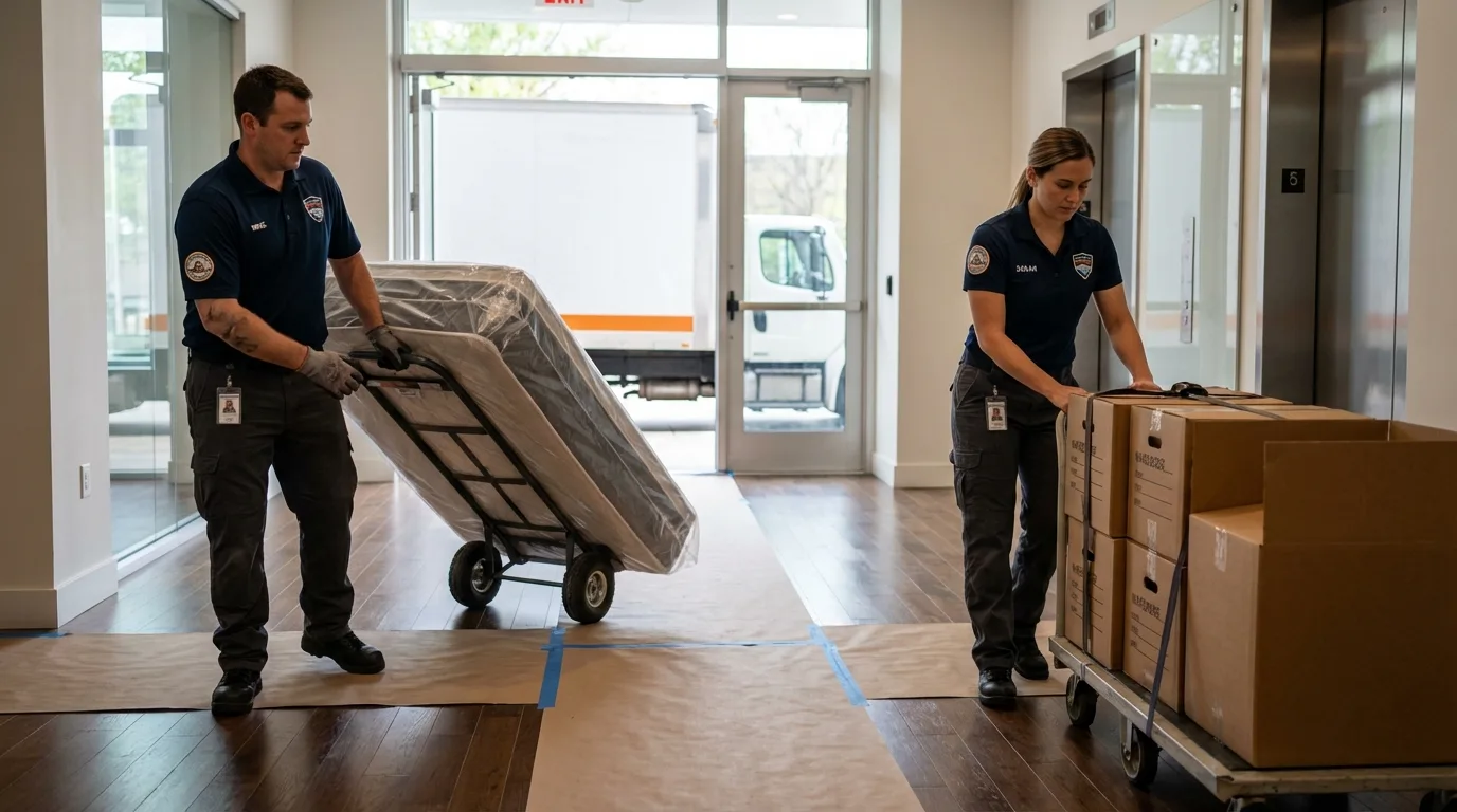 Professional apartment movers loading elevator in California City, CA