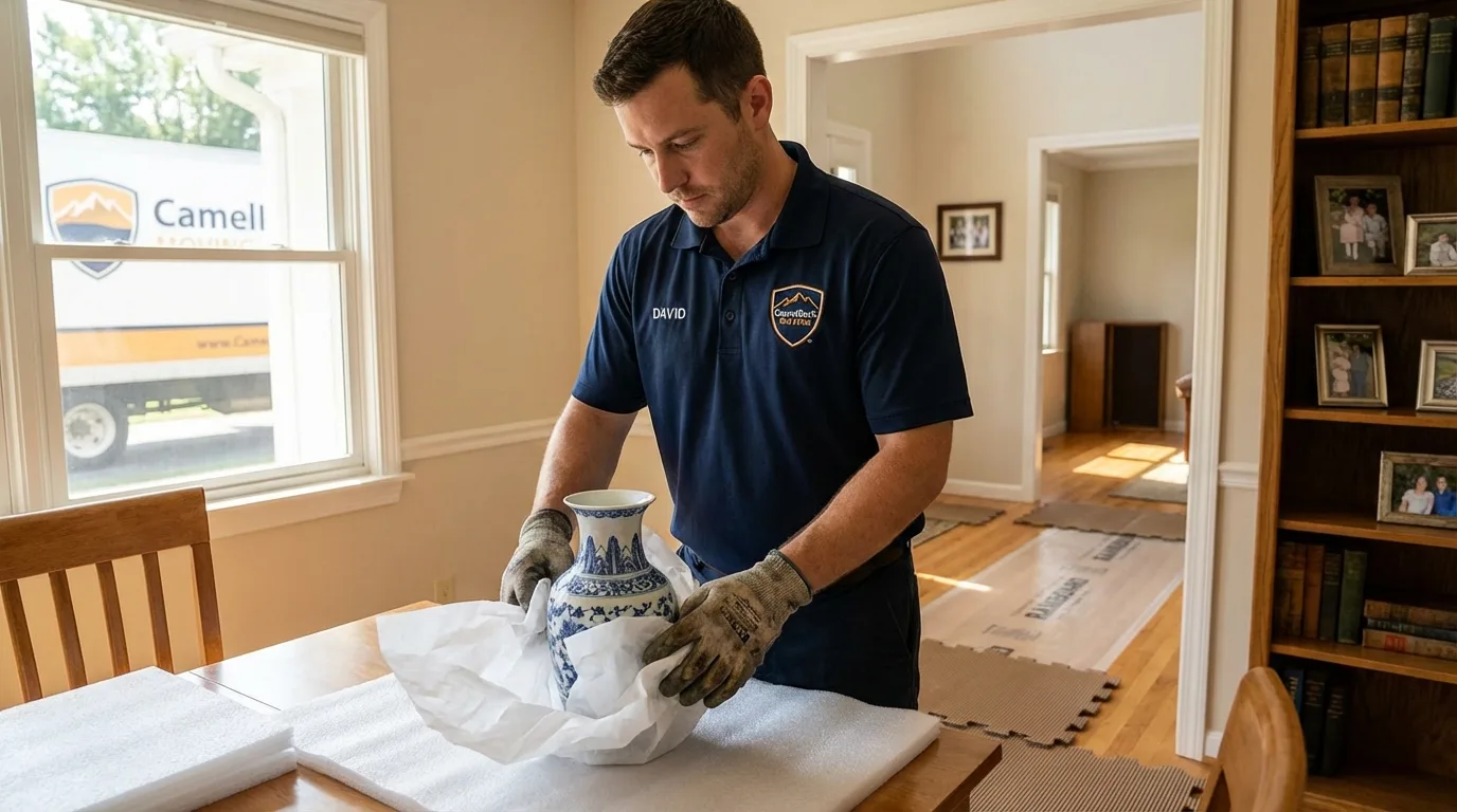 Professional crew carefully wrapping antique vase for senior downsizing move in California City, CA