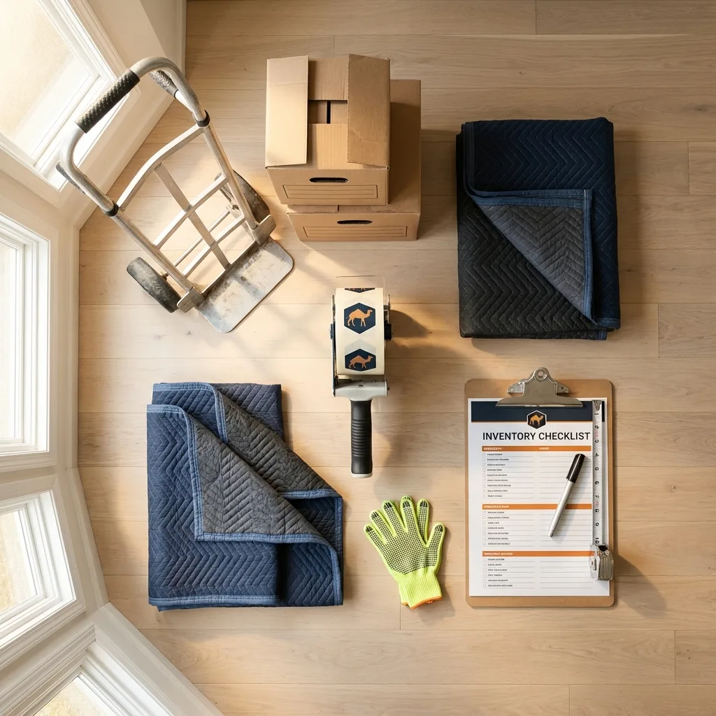 Professional moving supplies and packing materials layout for California City residential relocations